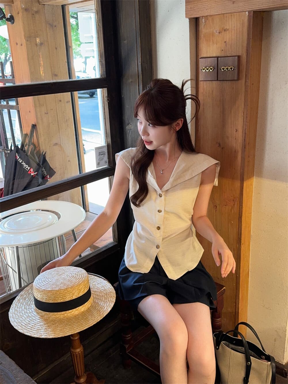 여름 품격 다용도 오래된 돈 바람 해군 칼라 베스트 다용도 디자인 센스 바지 투피스 세트 세트 상세 이미지 10