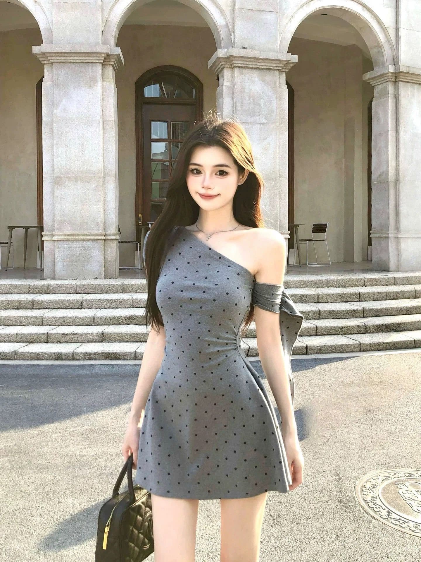 여름 휴가 여름 새로운 허리 수축 슬림해 보이는 회색 도트 무늬 비스듬한 어깨 드레스 상세 이미지 3