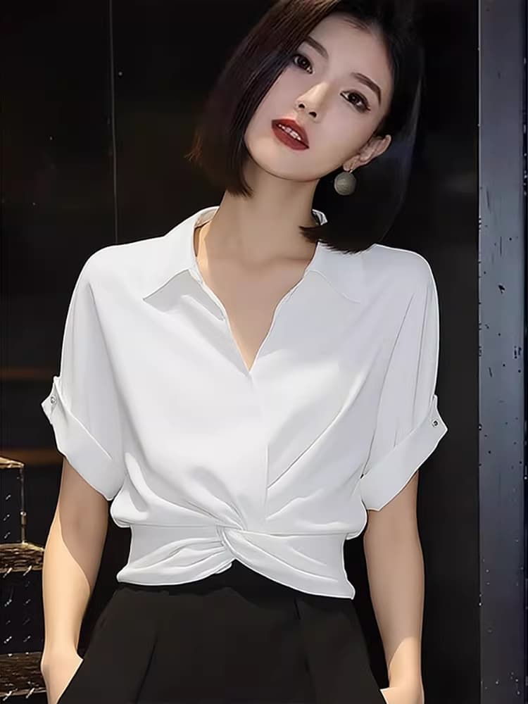 고유 한 프랑스식 반팔 셔츠 2026 여름 새로운 여성 의류 작은 대중 비틀림 셔츠 슬림해 보이는 패션 외국 가스 맨위