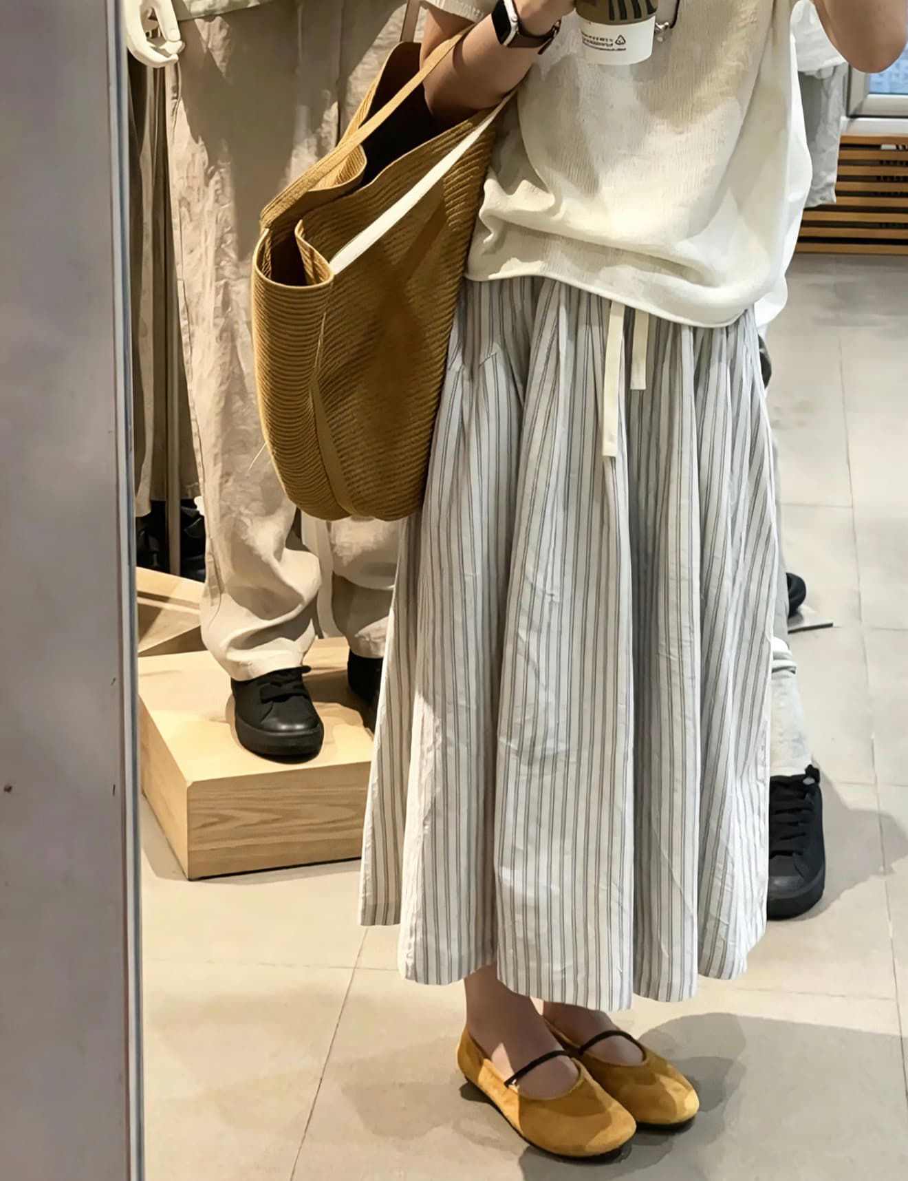 한 부서 느긋한 바람 면 소재 세로 줄무늬 펌프 로프 여름 쌀 회색 블루 스트라이프 허리밴드 반신 스커트 이미지 2