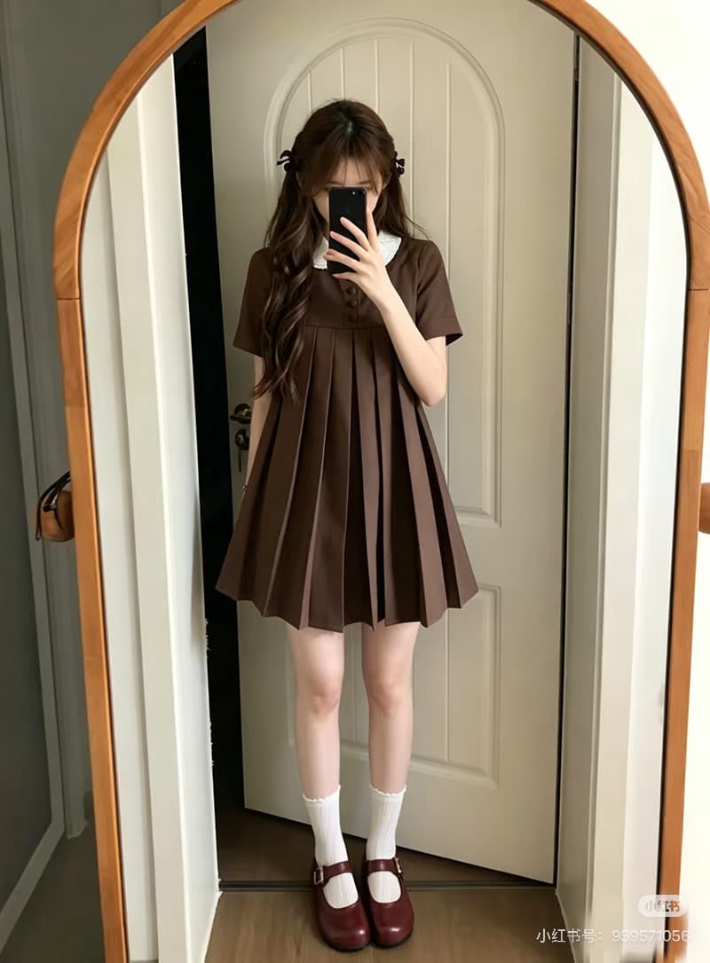 여름 한국 스타일 miu 부서 베이비 칼라 드레스 루즈핏 슬림해 보이는 플리츠 짧은 치마 상세 이미지 1