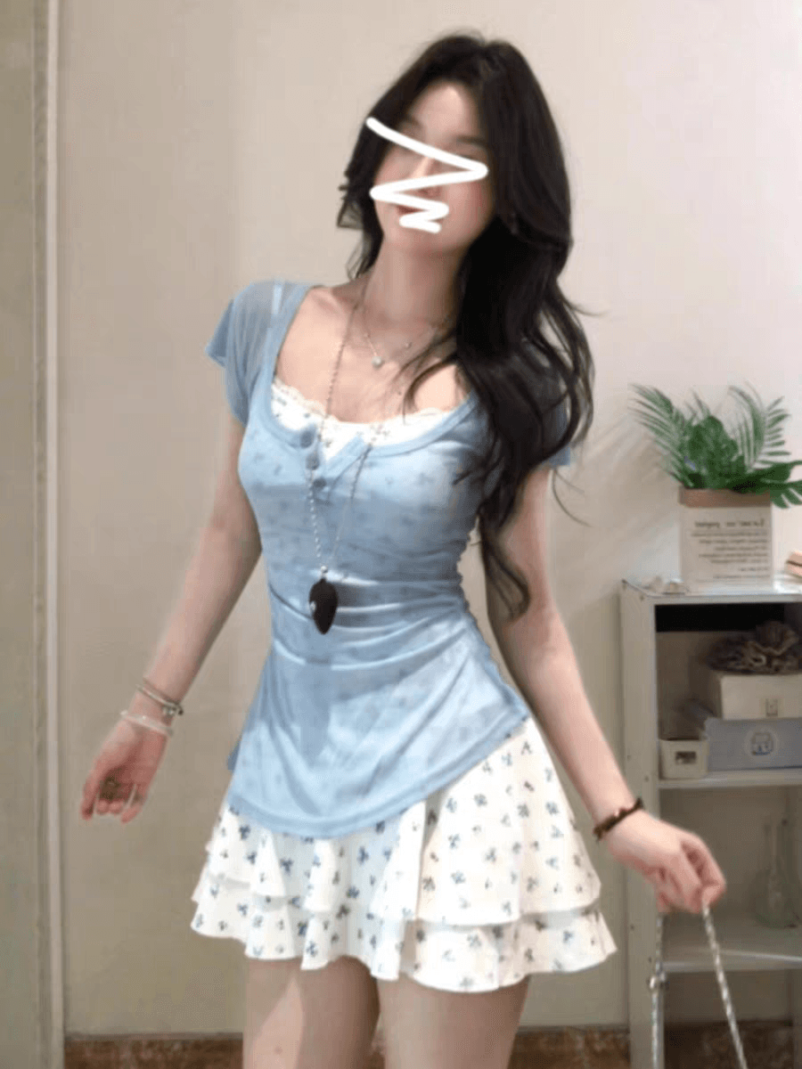 작은 키 꽃무늬 슬립 여성 드레스 여름 슈퍼 화재 착용 가져 가라. 자이언트 잘 생긴 아름다운 미니 스커트 세트 상세 이미지 1