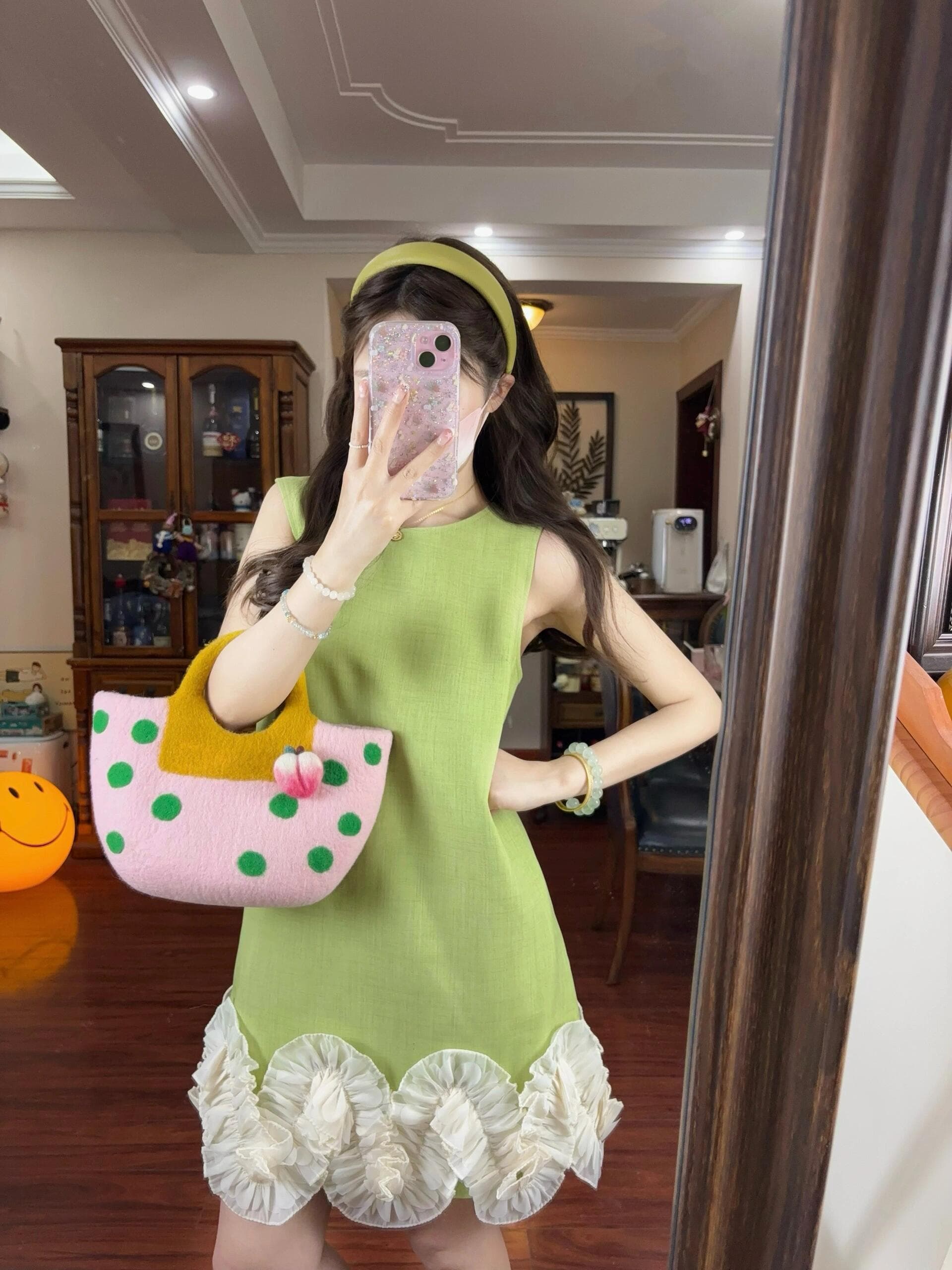 센 부서 작은 키 버터 과일 녹색 레이스 레이스 드레스 달콤함 연령 감소 민소매 조끼 치마