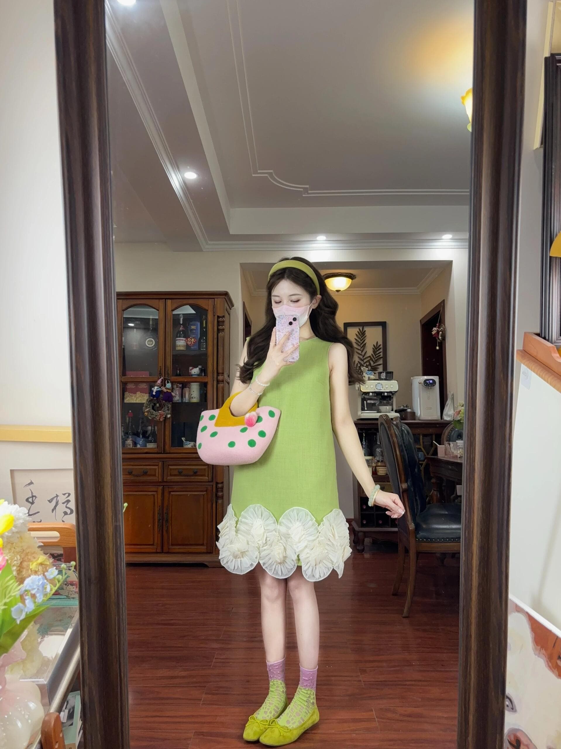 센 부서 작은 키 버터 과일 녹색 레이스 레이스 드레스 달콤함 연령 감소 민소매 조끼 치마 상세 이미지 2