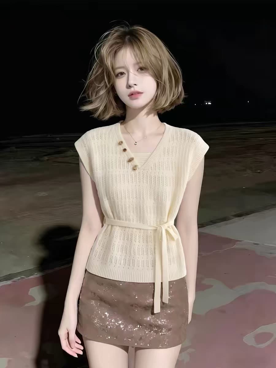 우유 화이트 V넥 스트랩 허리 수축 홀로우 아웃 민소매 티셔츠 여성 2026 새로운 여름 고유 한 아름다운 휴가 바람 맨위 상세 이미지 1