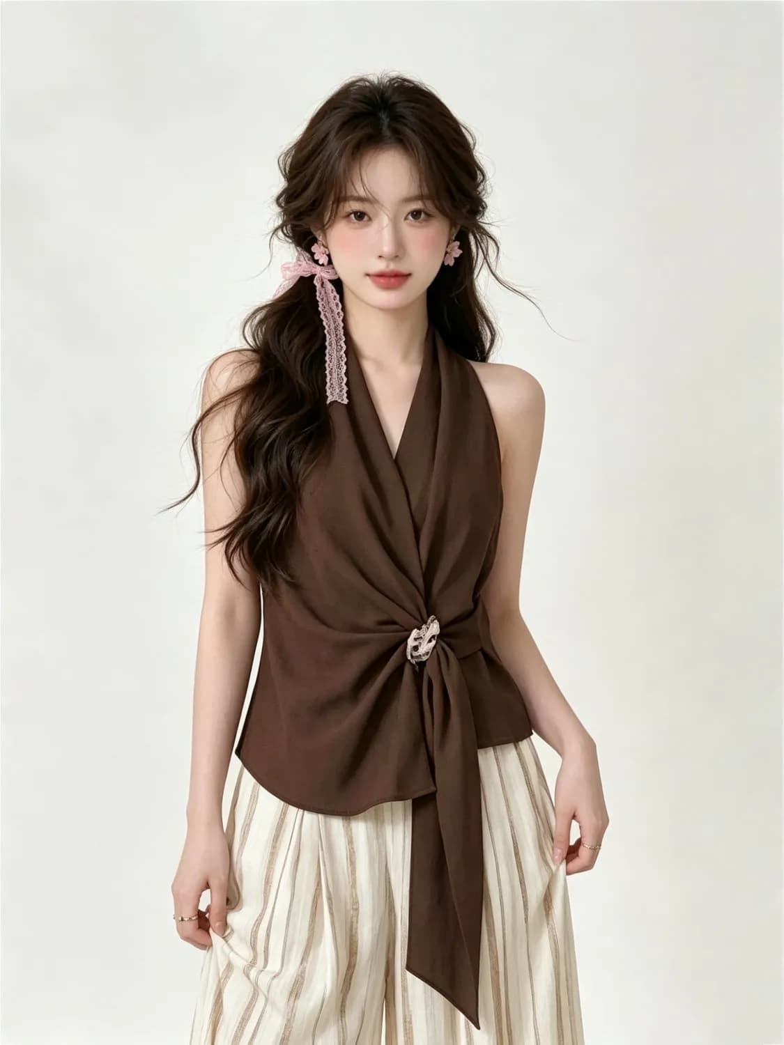 품격 전체 집합 ootd 착용 가져 가라. 여성 의류 여름 프랑스식 레트로 커피 색상 행침 목 민소매 조끼 스트라이프 와이드 레그 팬츠 상세 이미지 2