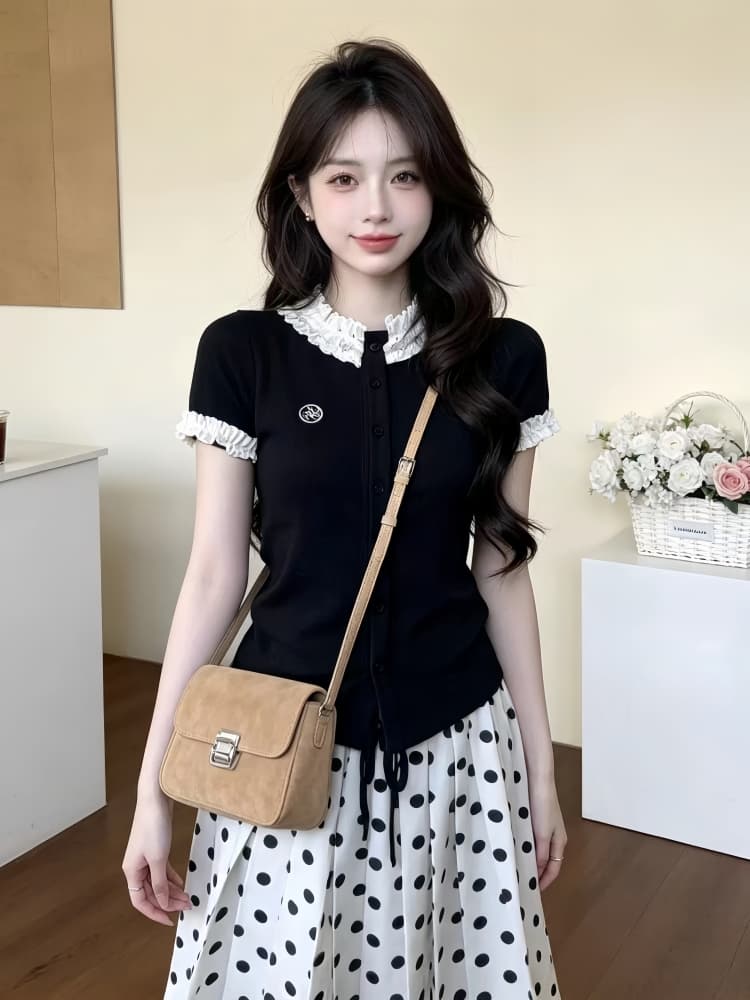 초여름 고유 한 아름다운 작은 세트 여성 새로운 학원 스타일 프릴 반팔 티셔츠 도트 무늬 반신 스커트 투피스 세트 이미지 2