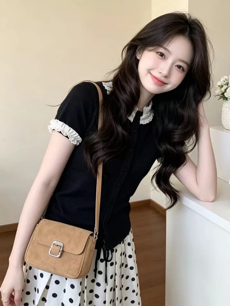 초여름 고유 한 아름다운 작은 세트 여성 새로운 학원 스타일 프릴 반팔 티셔츠 도트 무늬 반신 스커트 투피스 세트 이미지 4