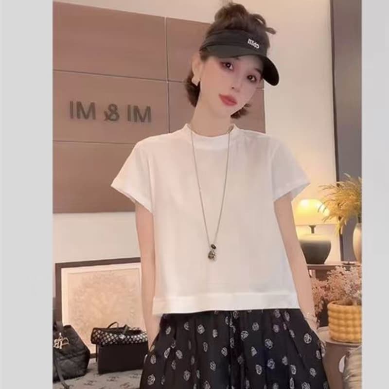 여름 새로운 미니멀리즘 출퇴근 바람 작은 반쪽 터틀넥 쇼트 스타일 다용도 반팔 t 이미지 2
