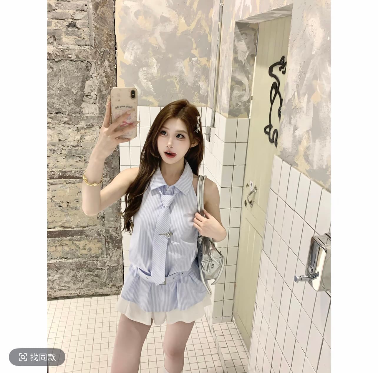 한 부서 달콤함 학원 스타일 넥타이 블루 화이트 스트라이프 셔츠 여성 드레스 여름 새로운 벨트 페이크 레이어드 치마 세트 상세 이미지 2