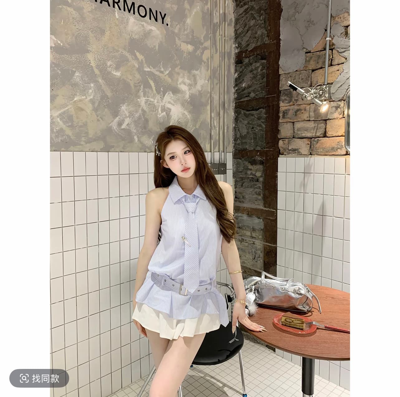 한 부서 달콤함 학원 스타일 넥타이 블루 화이트 스트라이프 셔츠 여성 드레스 여름 새로운 벨트 페이크 레이어드 치마 세트 상세 이미지 3