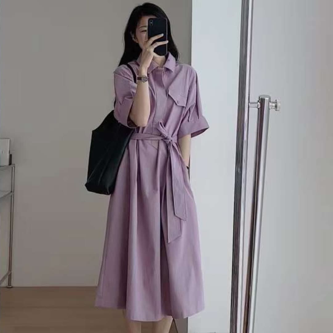 한국 스타일 chic 여름 새로운 미니멀리즘 높은 품질 품격 레이스업 단색 루즈핏 순면 드레스 이미지 3