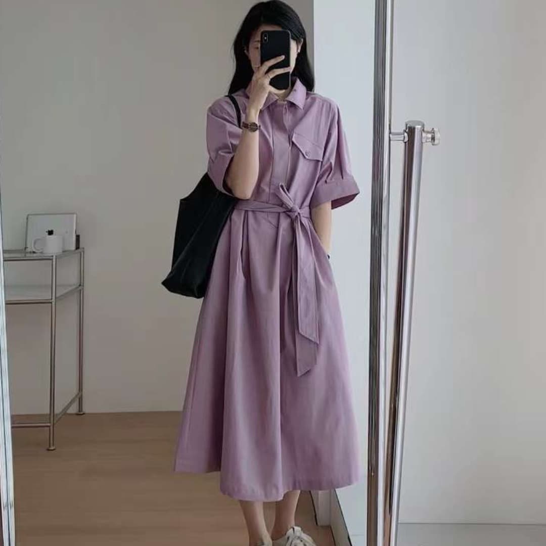 한국 스타일 chic 여름 새로운 미니멀리즘 높은 품질 품격 레이스업 단색 루즈핏 순면 드레스 상세 이미지 1
