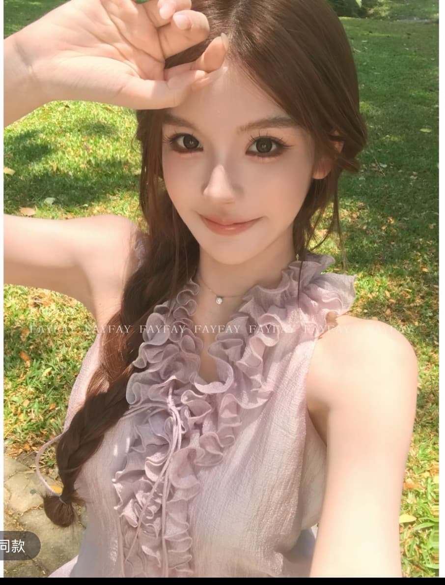 fay 보라색 환타지 프랑스식 숙녀 달콤함 느긋한 표지 고기 바람 보라색 프릴 민소매 드레스 이미지 2