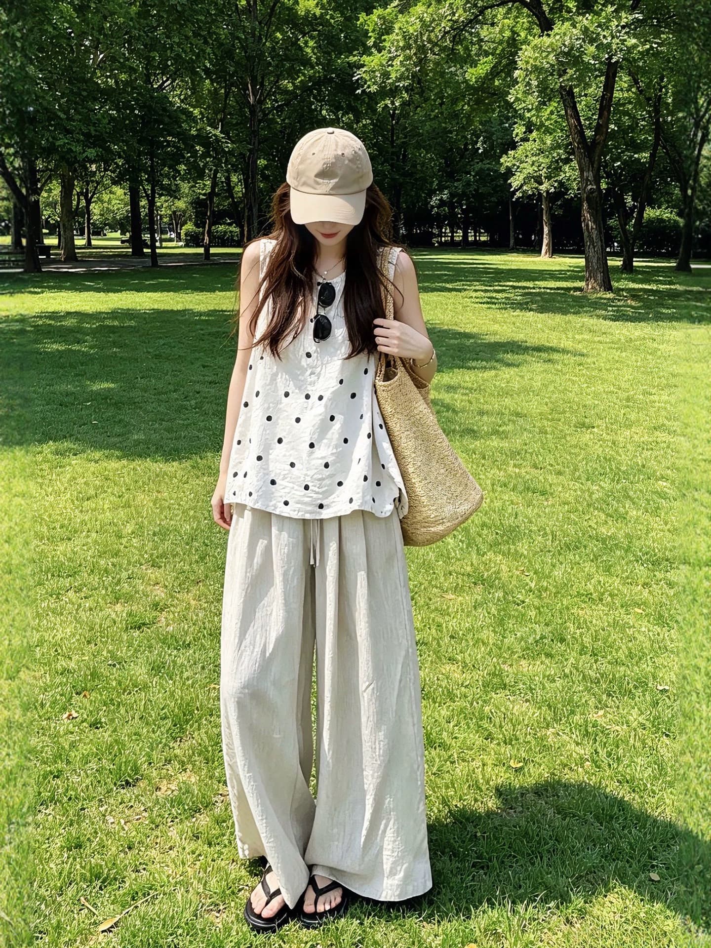 여름 2026 새로운 슈퍼 화재 연령 감소 ootd 착용 가져 가라. 여름 도트 무늬 조끼 와이드 레그 팬츠 품격 에이즈 환자 세트 여성 상세 이미지 5