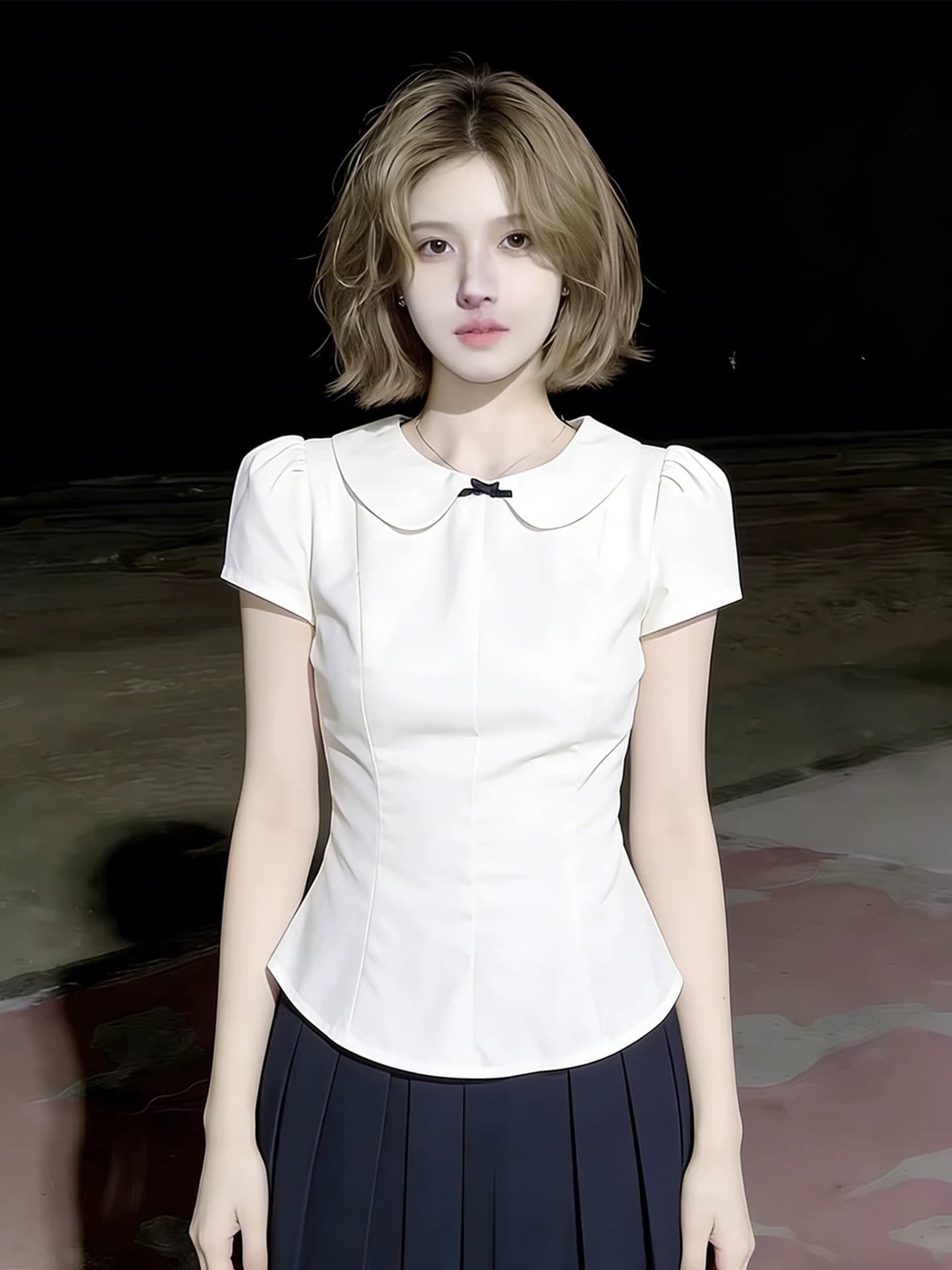 2026 새로운 여름 Chic 매우 요정 ~ 중 맨위 달콤함 연령 감소 화이트 베이비 칼라 허리 수축 반팔 셔츠 여자 상세 이미지 3