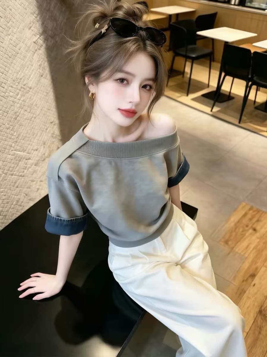 회색 비스듬한 칼라 패치워크 데님 슬림해 보이는 반팔 티셔츠 여성 2026 여름 아메리칸 자이언트 잘 생긴 작은 대중 착용 잡아라. 의류 상세 이미지 4