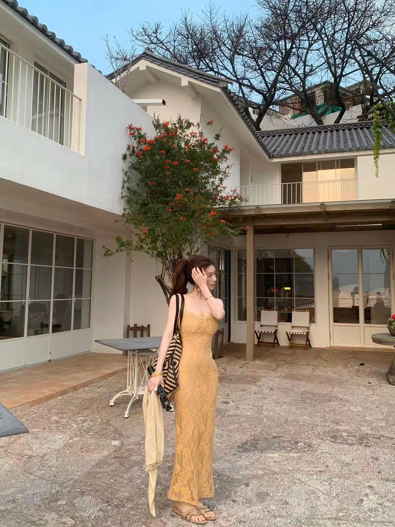 프랑스식 광장 칼라 레이스 슬립 몸매 가꾸기 롱 코트 여성 드레스 여름 섹시함 부드러운 치마 상세 이미지 4