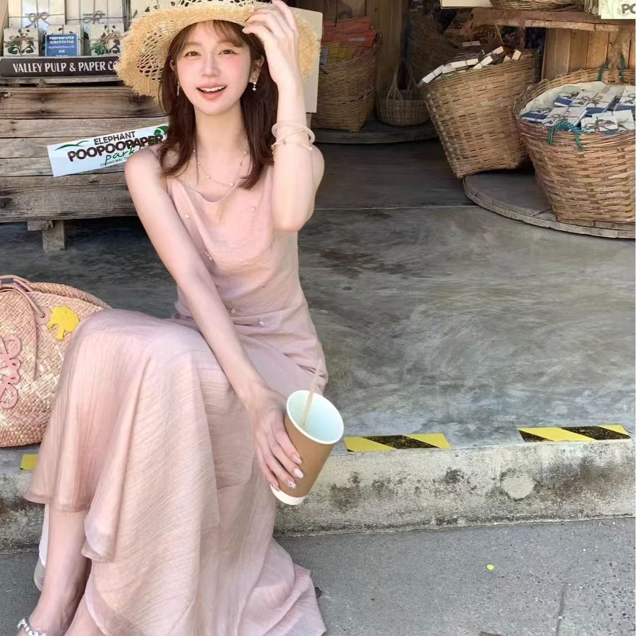 나비 꿈 니산 핑크색 슬립 불규칙 드레스 비즈 박기 치앙마이 휴가 바람 롱 스커트 이미지 4