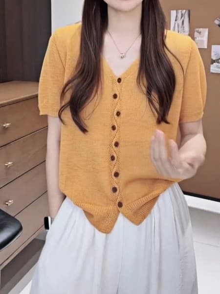 2026 년 여름 새로운 슬림해 보이는 V넥 반팔 니트 스웨터 맨위 여성 상세 이미지 4