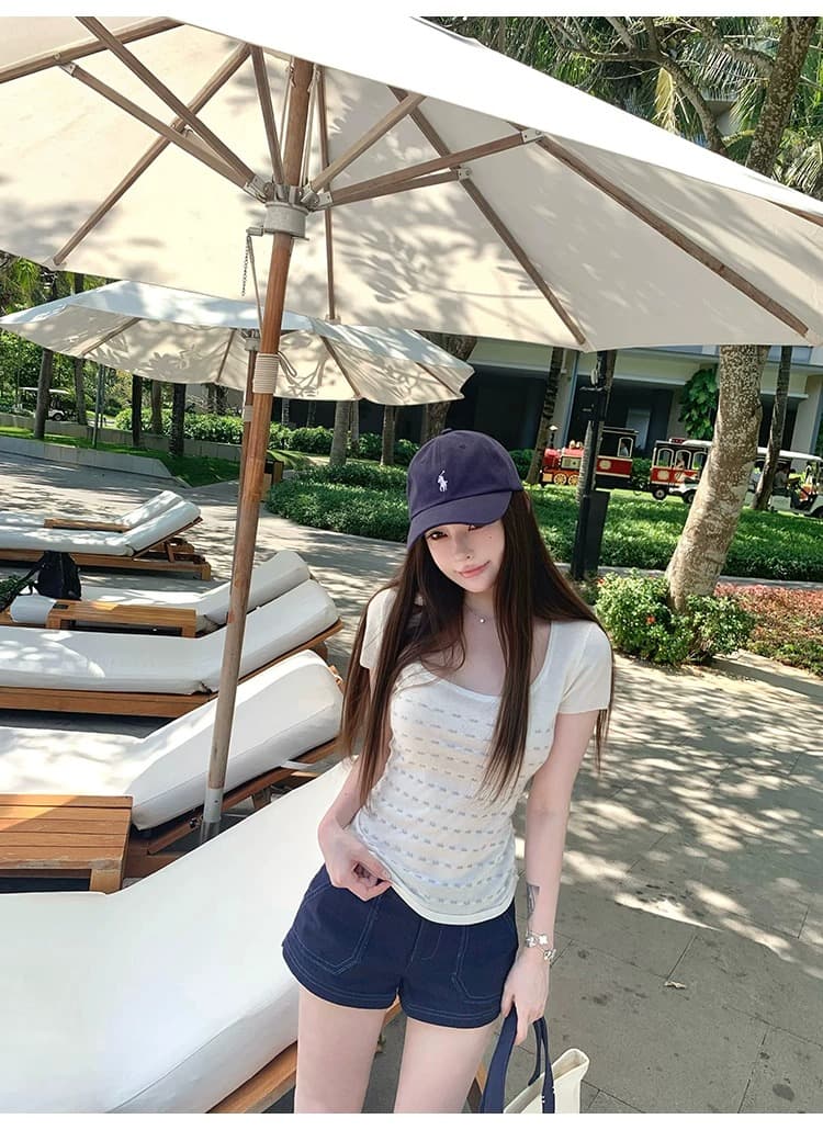 suuuicee 메이 여지 얼음 모래 작은 자카드 질감 순수한 욕망 대 u 칼라 짧은 맨위 몸매 가꾸기 니트 반팔 티셔츠 상세 이미지 5