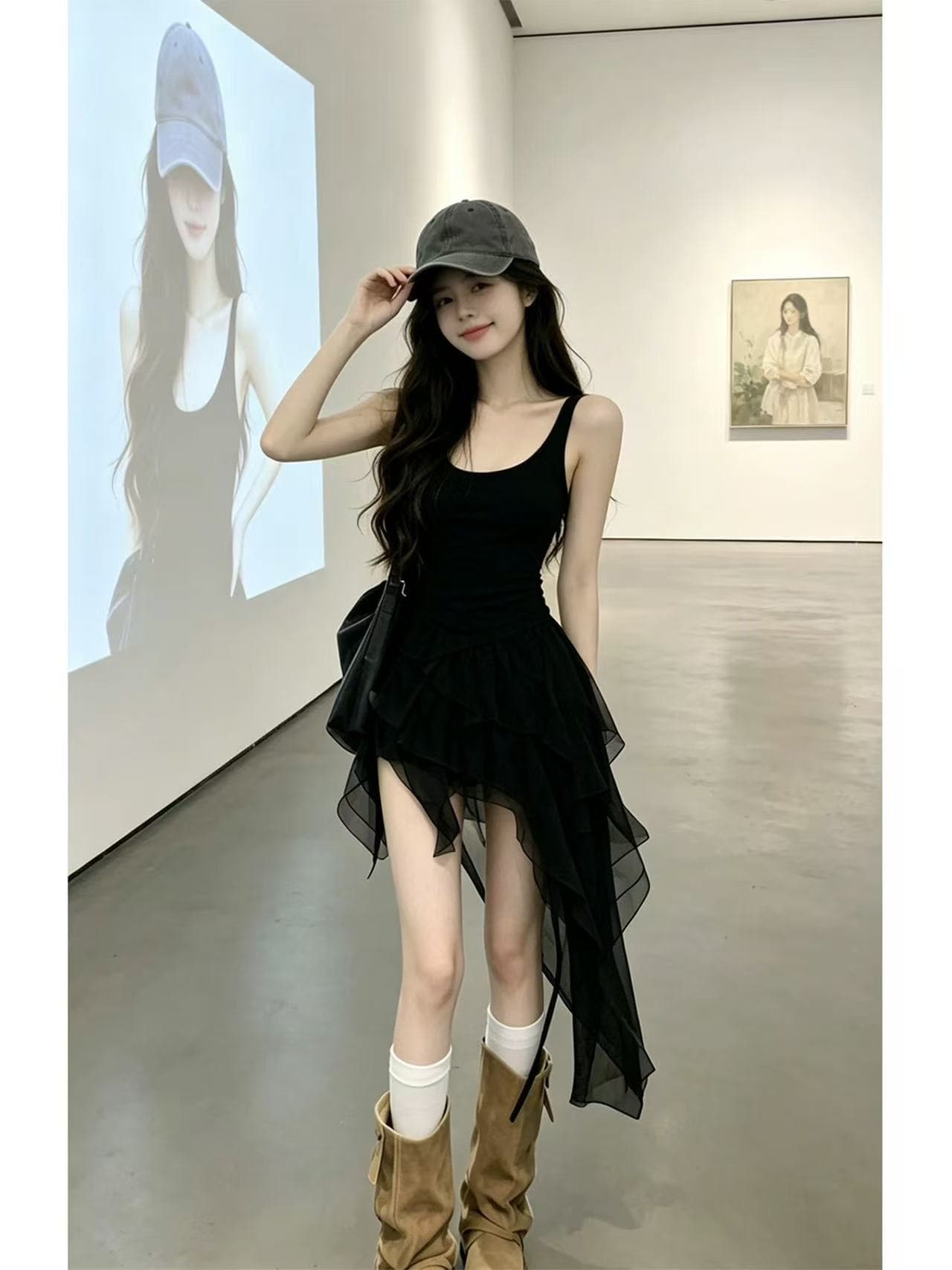 프랑스식 그는 벤 바람 검정색 슬립 여성 드레스 여름 허리 수축 불규칙 망사 패치워크 슬림해 보이는 품격 작은 검은 드레스