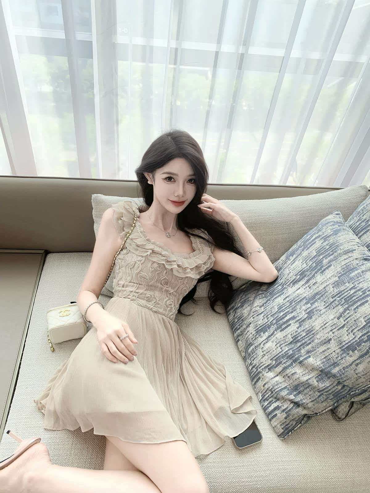 justqin 5 15 중세 소녀 새로운 무거운 작업 고급 센스 레이스 미니 스커트 허리 수축 여성 드레스 이미지 3