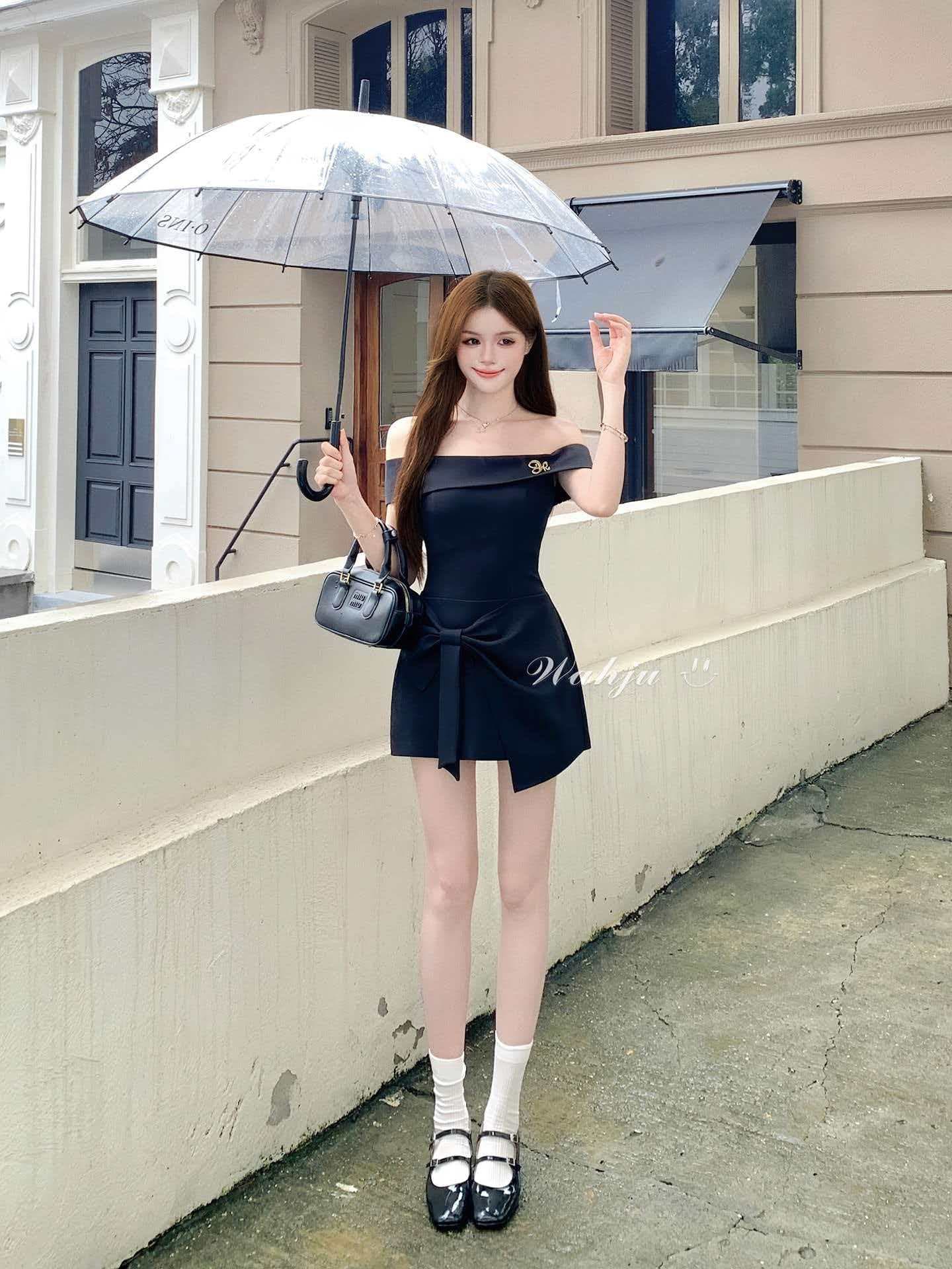 여름 순수한 욕망 오프숄더 나비 매듭 패치워크 불규칙 꼬집기 허리 드레스 이미지 3