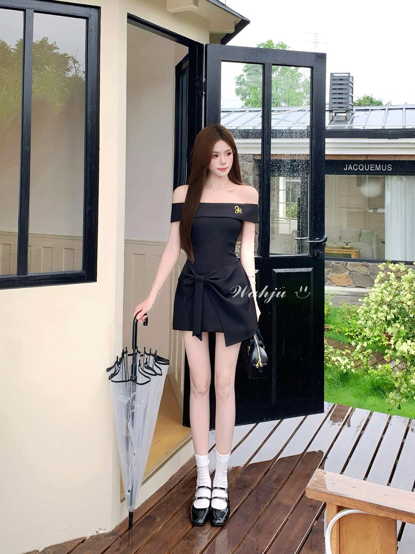 여름 순수한 욕망 오프숄더 나비 매듭 패치워크 불규칙 꼬집기 허리 드레스 상세 이미지 4