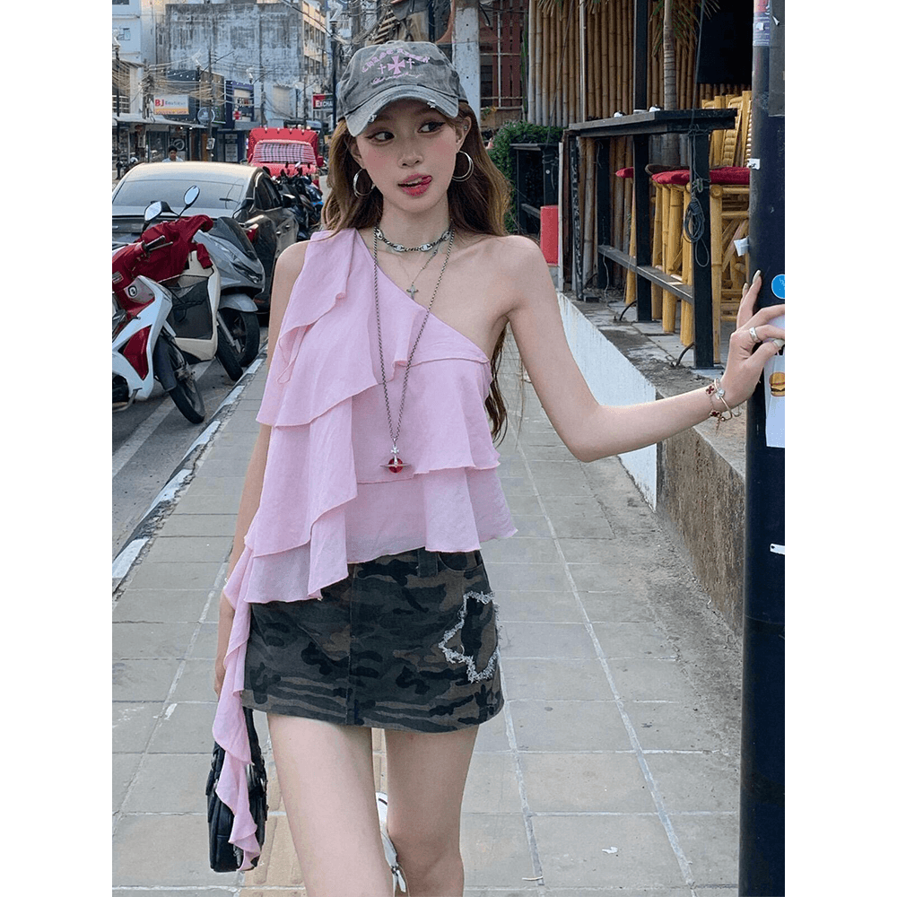 핑크색 프릴 비스듬한 어깨 민소매 조끼 여성 여름 불규칙 다용도 디자인 센스 핫걸 맨위