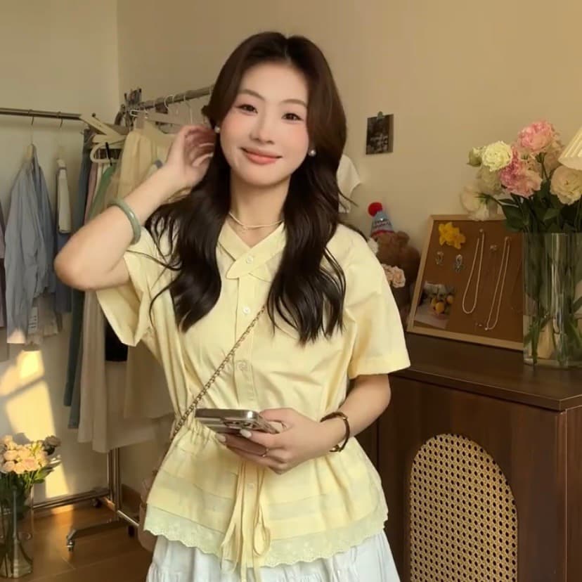 한 단추 황색 루즈핏 인형 셔츠 여성 2026 년 한 인사이드 라운드 넥 가스 미니멀리즘 프릴 펌프 로프 허리 수축 맨위 이미지 4