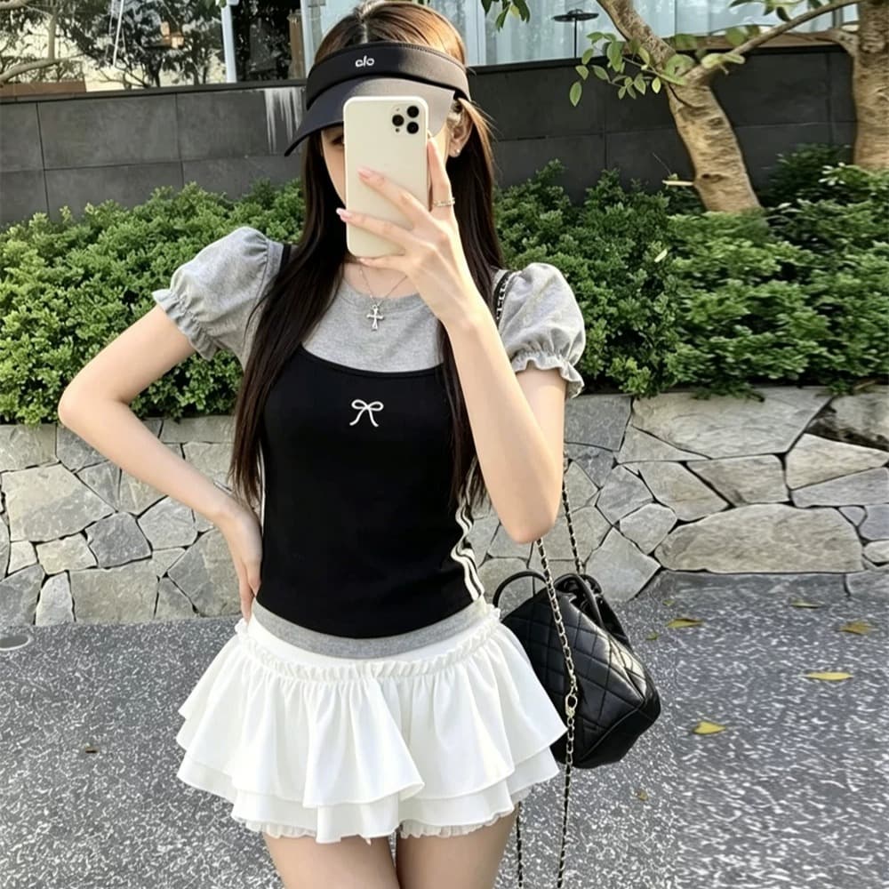 프랑스식 레트로 학원 스타일 페이크 레이어드 디자인 센스 작은 대중 여름 새로운 다용도 슬림해 보이는 맨위 여성