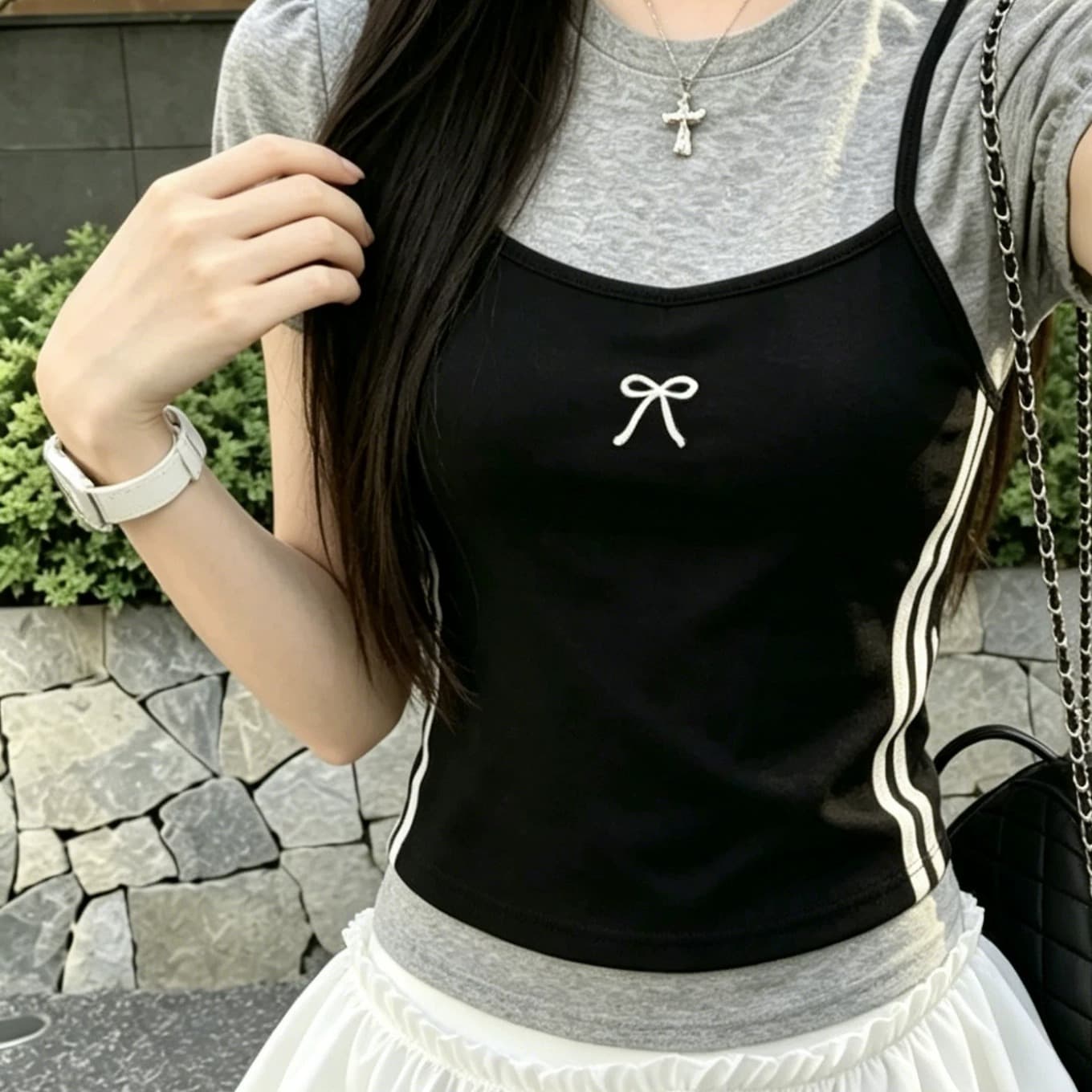프랑스식 레트로 학원 스타일 페이크 레이어드 디자인 센스 작은 대중 여름 새로운 다용도 슬림해 보이는 맨위 여성 상세 이미지 5