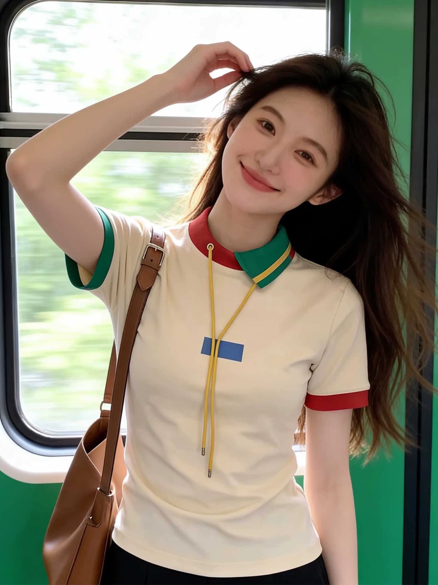 레트로 배색 칼라 펌프 로프 슬림해 보이는 반팔 티셔츠 여성 2026 새로운 부드러운 여름 다용도 연령 감소 품격 맨위 이미지 3