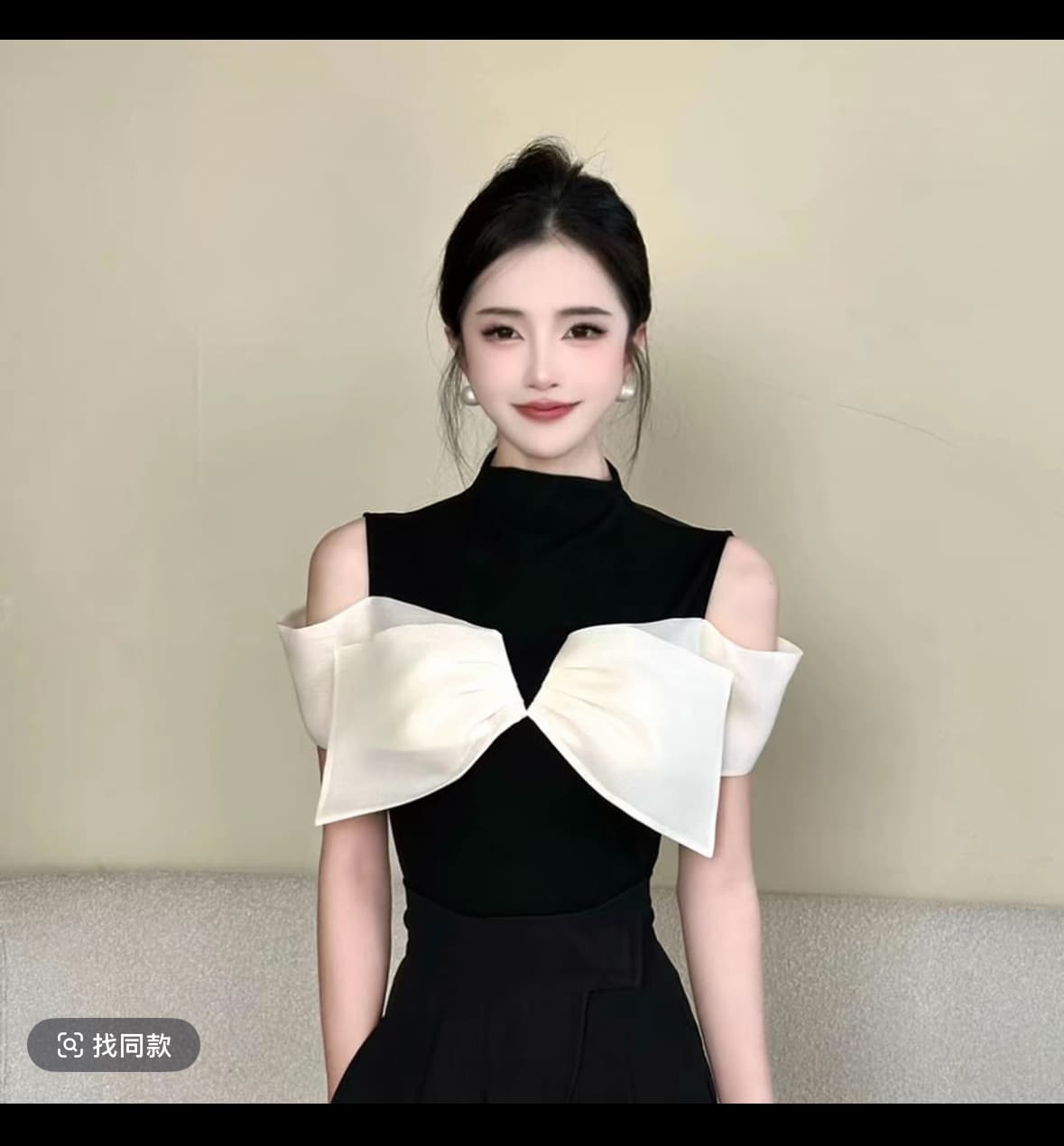 2026 여름 새로운 흑인과 백인 나비 머리말 패치워크 색상 오프숄더 티셔츠 여성 상세 이미지 1