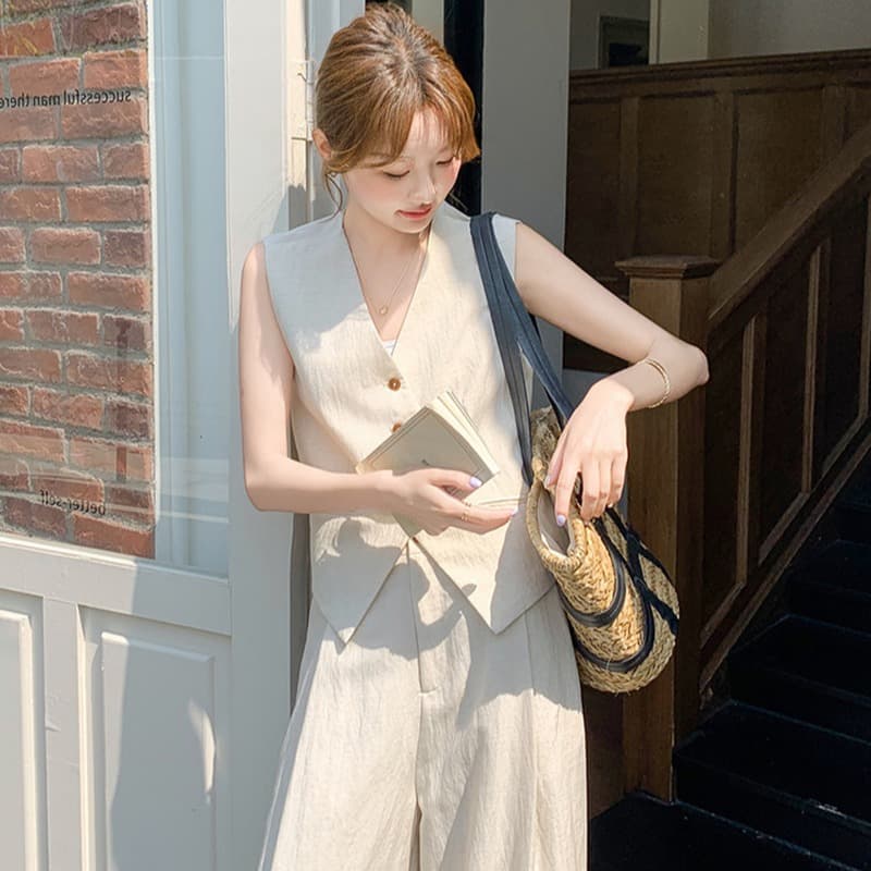 오래된 돈 바람 아마 정장 베스트 넓은 다리 두 조각 여성 세트 새로운 여름 얇은 스타일 통기성 고급 센스 세트 상세 이미지 2