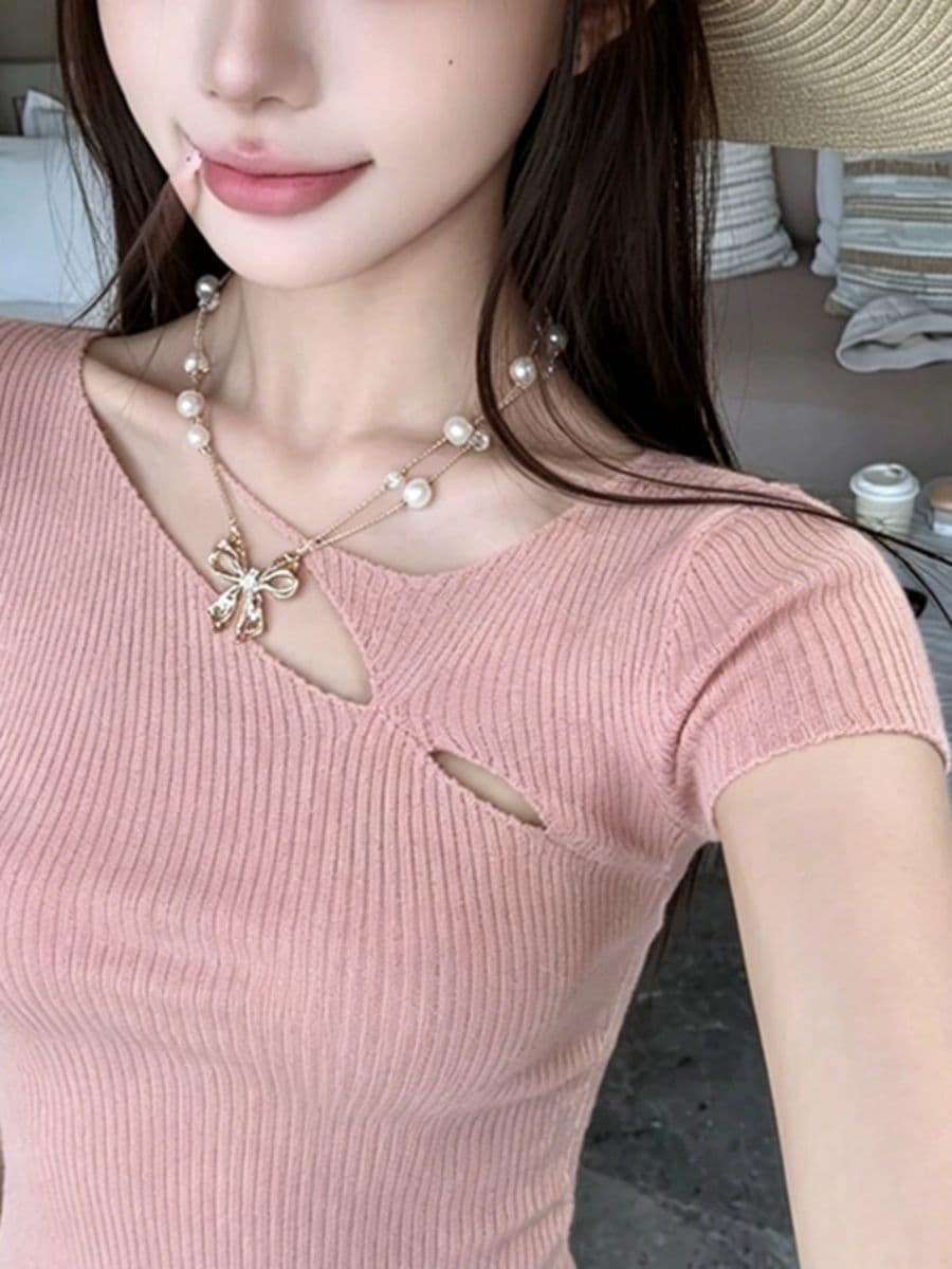 불규칙 네클라인 핑크색 홀로우 아웃 반팔 티셔츠 여성 새로운 순수한 욕망 품격 다용도 맨위 이미지 4