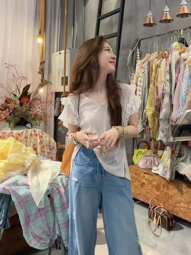 여름 한 부서 품격 디자인 느긋한 레이스 조각 니트 반팔 셔츠