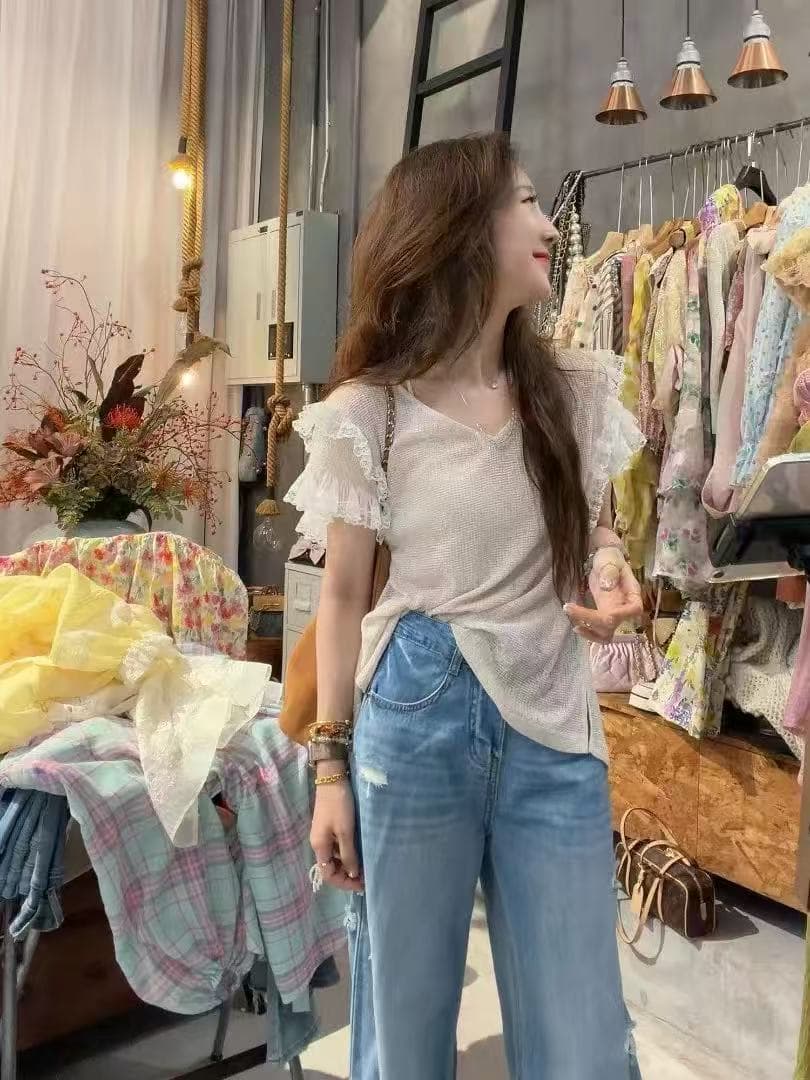 여름 한 부서 품격 디자인 느긋한 레이스 조각 니트 반팔 셔츠 상세 이미지 3