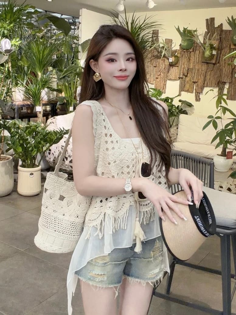 여름 새로운 무거운 작업 홀로우 아웃 자수 레이스 조각 슬림해 보이는 슬립 맨위 상세 이미지 3
