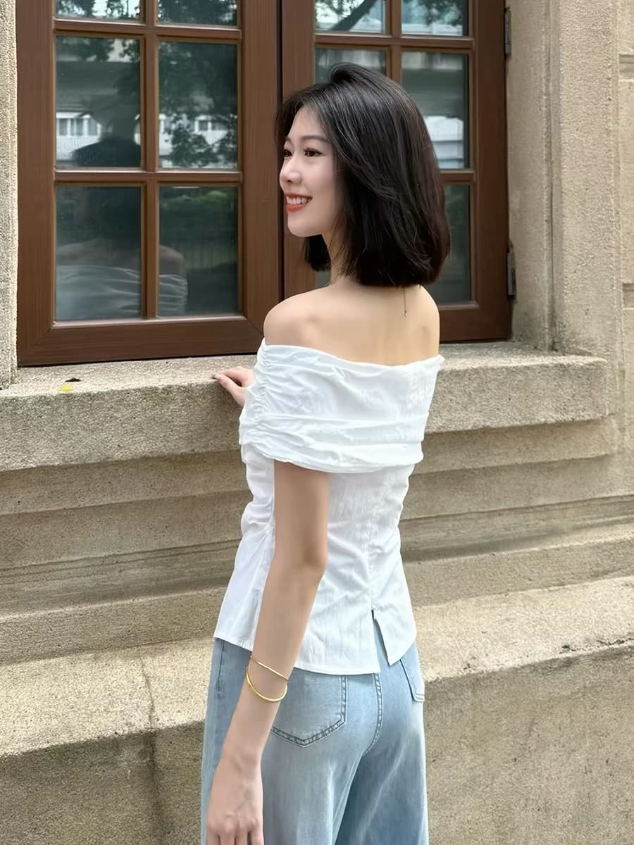 화이트 허리 수축 핀치 Pleat 오프숄더 오프숄더 여성 셔츠 여름 슬림해 보이는 품격 프랑스식 Chic 아름다운 오프숄더 맨위 이미지 2