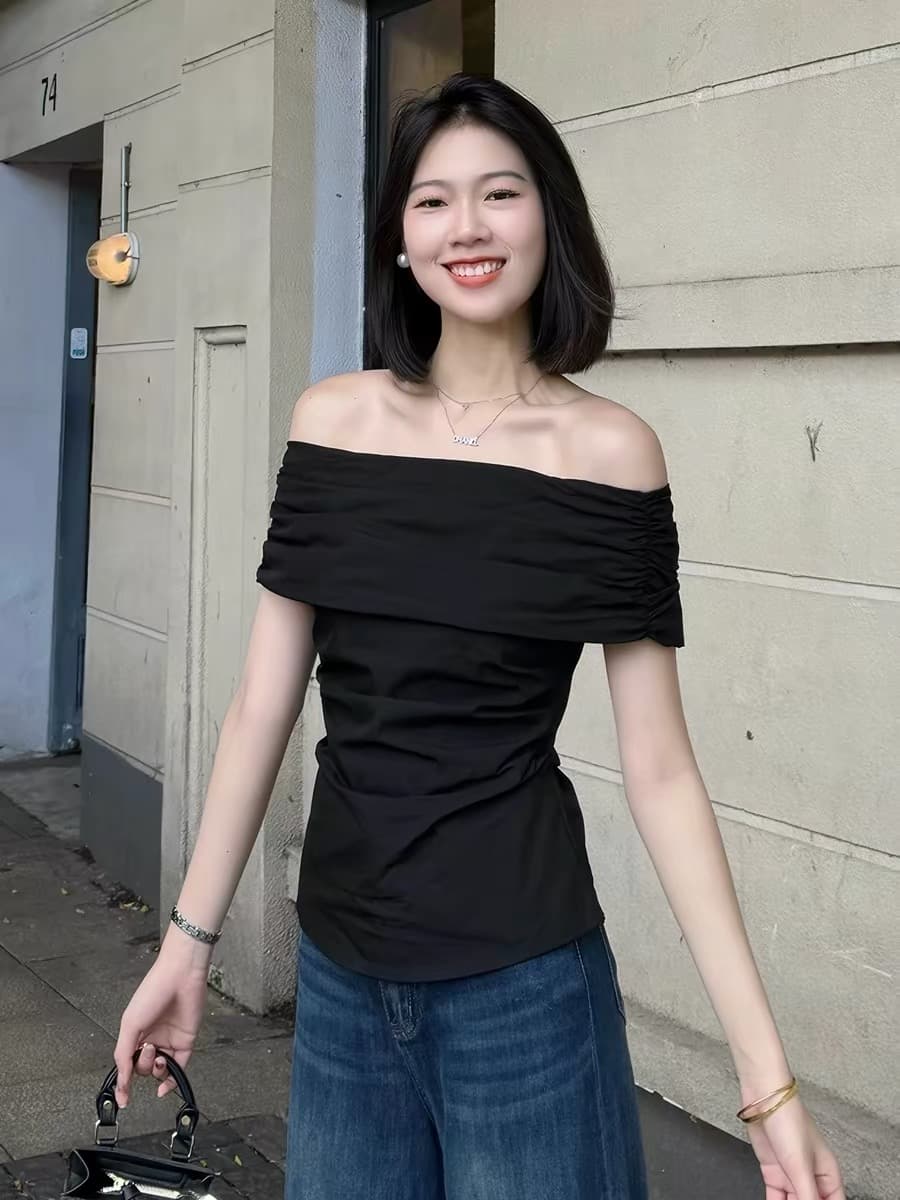 화이트 허리 수축 핀치 Pleat 오프숄더 오프숄더 여성 셔츠 여름 슬림해 보이는 품격 프랑스식 Chic 아름다운 오프숄더 맨위 상세 이미지 2