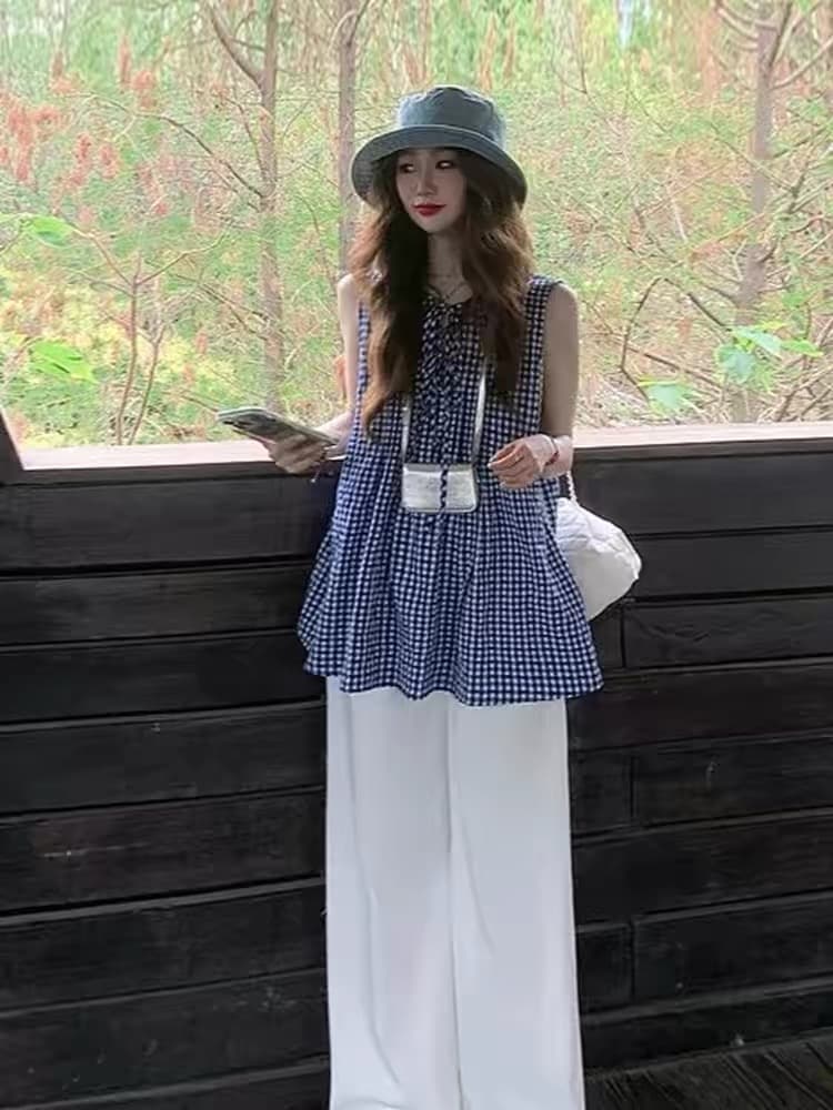 일본식 레트로 블루 화이트 체크무늬 민소매 셔츠 여름 외출용 조끼 루즈핏 달콤함 한 마디 인형 셔츠 맨위 여성 이미지 3