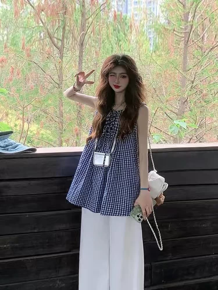 일본식 레트로 블루 화이트 체크무늬 민소매 셔츠 여름 외출용 조끼 루즈핏 달콤함 한 마디 인형 셔츠 맨위 여성 상세 이미지 1