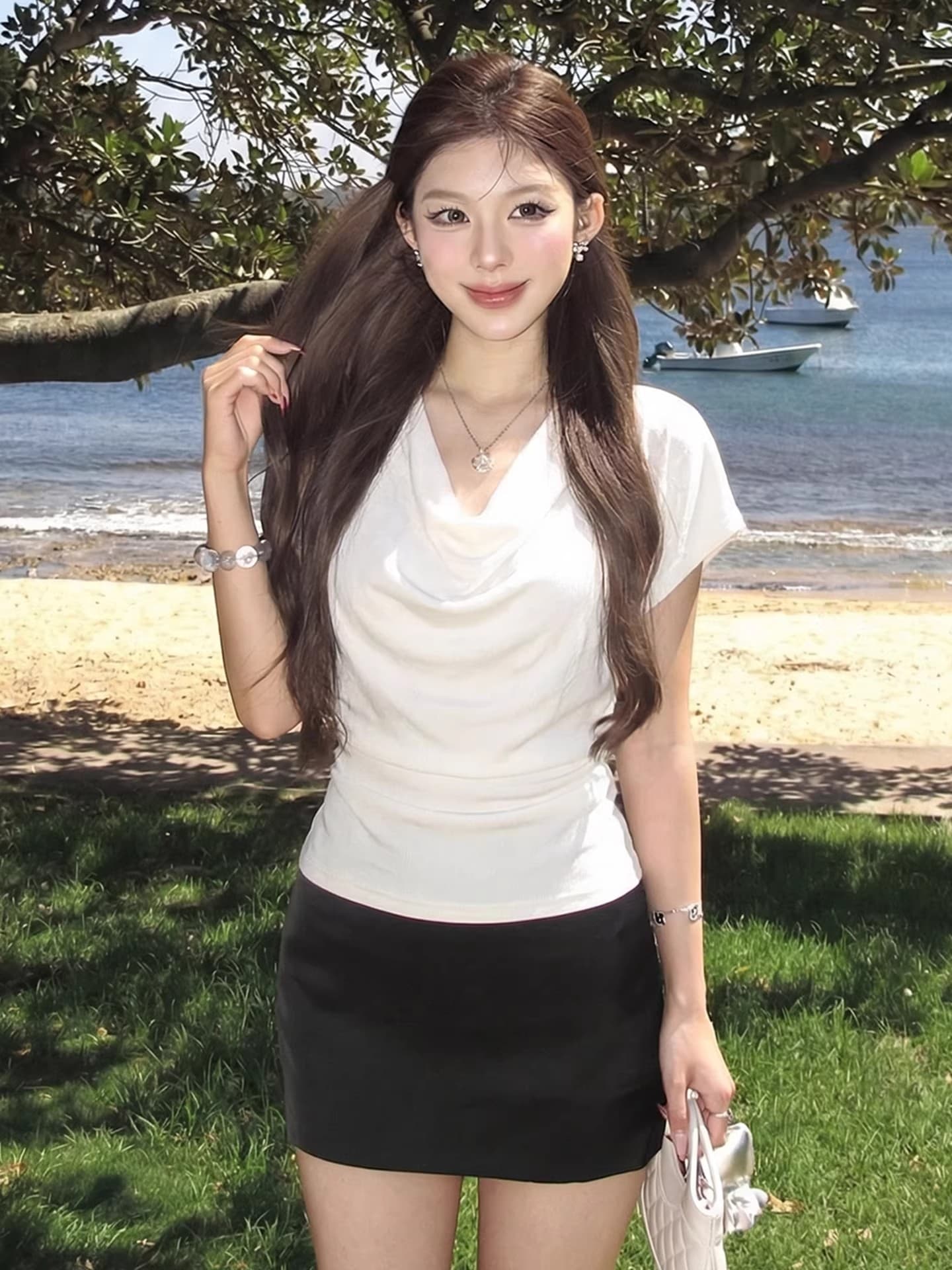 프랑스식 화이트 흔들다 칼라 반팔 티셔츠 여성 여름 허리 수축 슬림해 보이는 출퇴근 다용도 한 부서 품격 배트윙 소매 맨위 상세 이미지 6