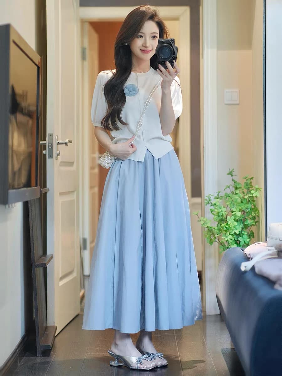 2026 슈퍼 화재 여름 드레스 연령 감소 ootd 착용 가져 가라. 전체 집합 3 차원 꽃 오픈 가디건 파란색 반신 스커트 투피스 슈트 이미지 3