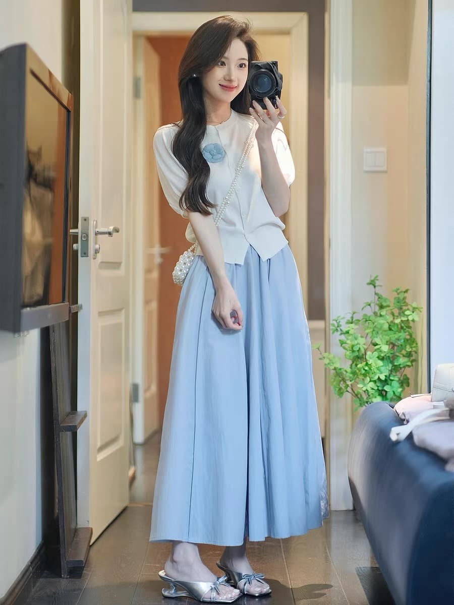 2026 슈퍼 화재 여름 드레스 연령 감소 ootd 착용 가져 가라. 전체 집합 3 차원 꽃 오픈 가디건 파란색 반신 스커트 투피스 슈트 상세 이미지 2