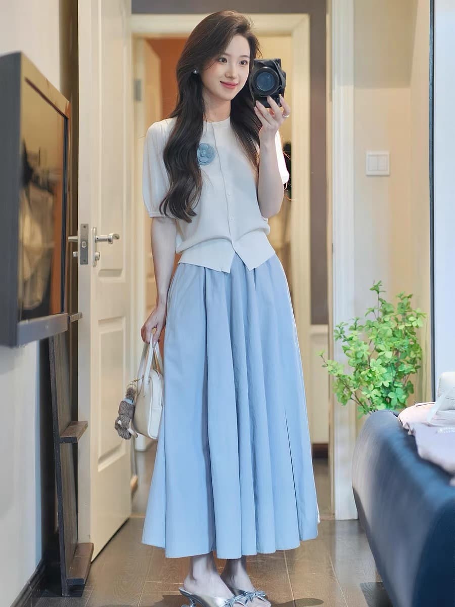 2026 슈퍼 화재 여름 드레스 연령 감소 ootd 착용 가져 가라. 전체 집합 3 차원 꽃 오픈 가디건 파란색 반신 스커트 투피스 슈트 상세 이미지 5