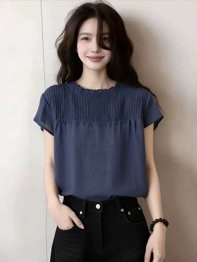 여름 2026 년 새로운 품격 작은 셔츠 고급 센스 슬림해 보이는 출퇴근 셔츠 해군 레트로 반팔 셔츠 상세 이미지 1