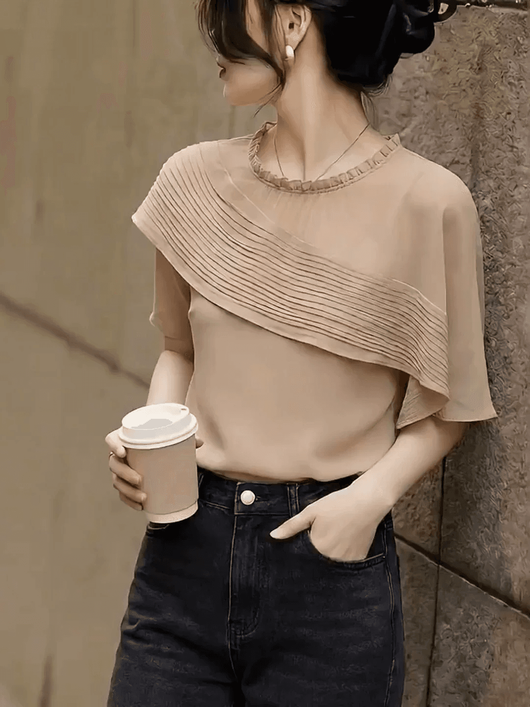 프랑스식 부드러운 바람 프릴 반팔 맨위 여성 슬림해 보이는 빛 럭셔리 우아함 빅 사이즈 여성 의류 이미지 2